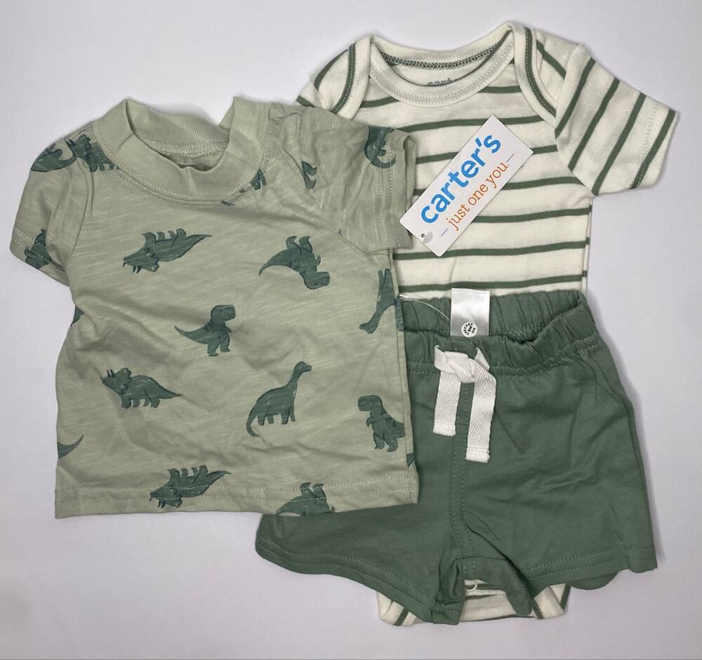 Carter's Baby Boys' 3pc Dinosaur T-Shirt with Bodysuit and Shorts Set. NB, NWT